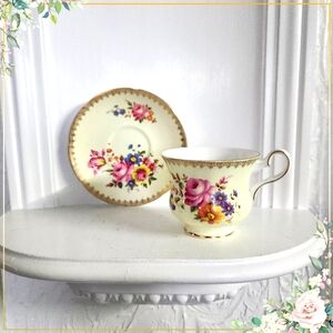 Vintage Royal Grafton pale yellow  Pink Rose and Wildflowers Teacup and Saucer